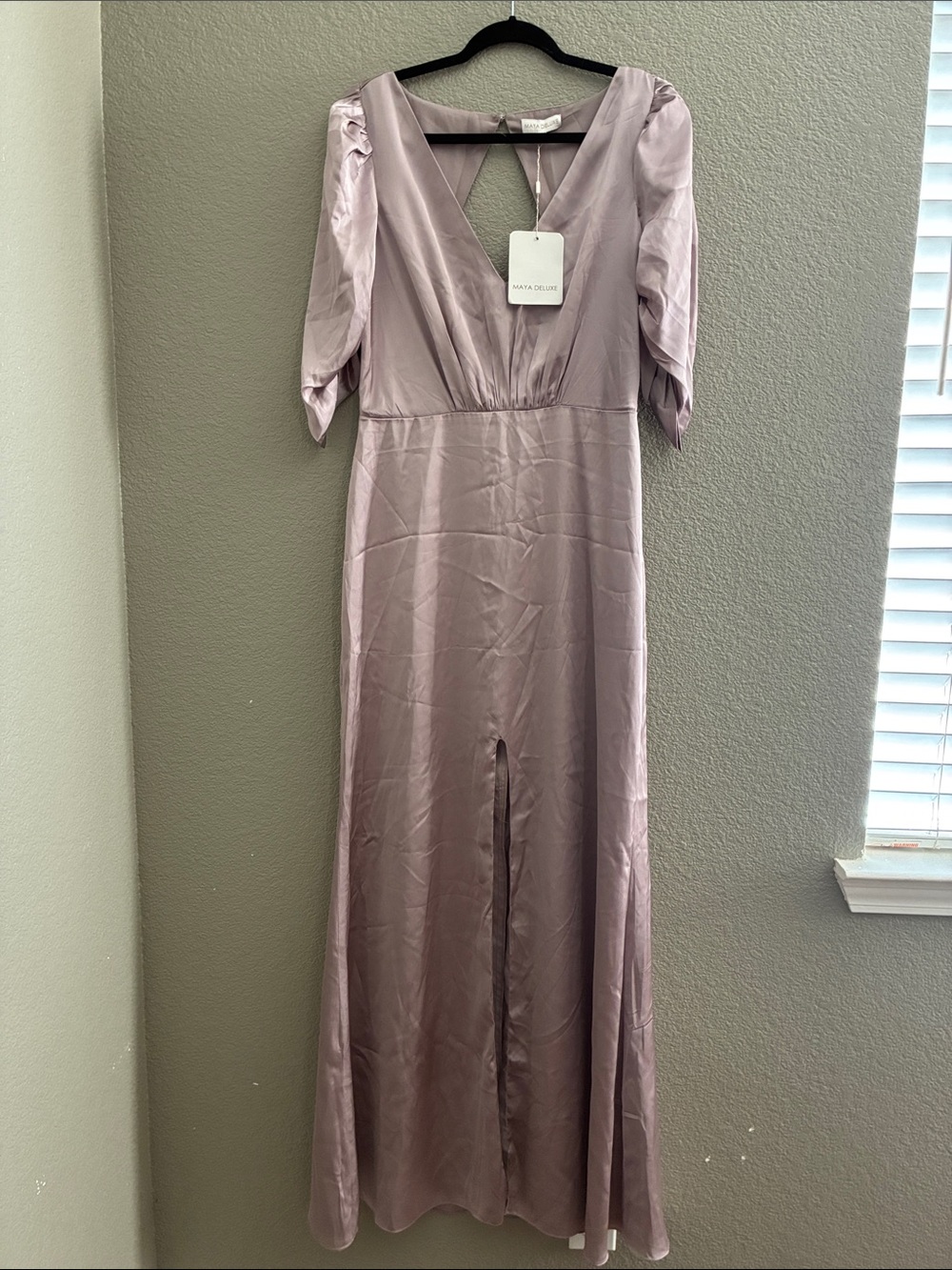 Silky Mauve V-Neck Maxi Dress with Open V-Shape on the back.